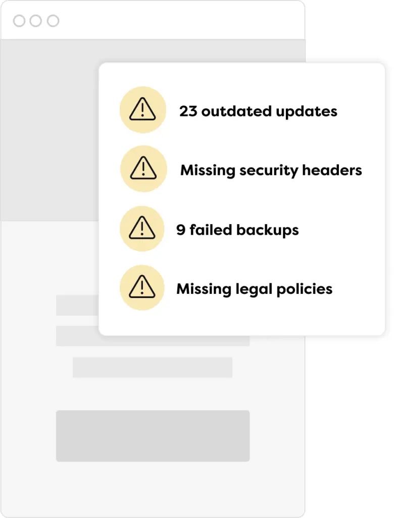 Website health check showing 23 outdated updates, missing security headers, 9 failed backups and missing legal policies